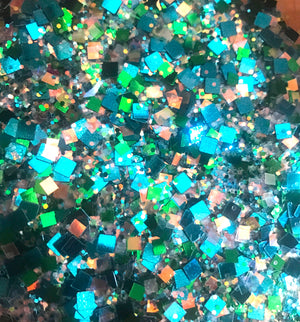 close up of the green and blue glitter