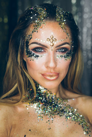 Jade Katy wearing black glitter with specks of gold