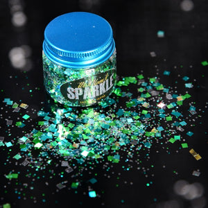 pot of green and blue face glitter mixed